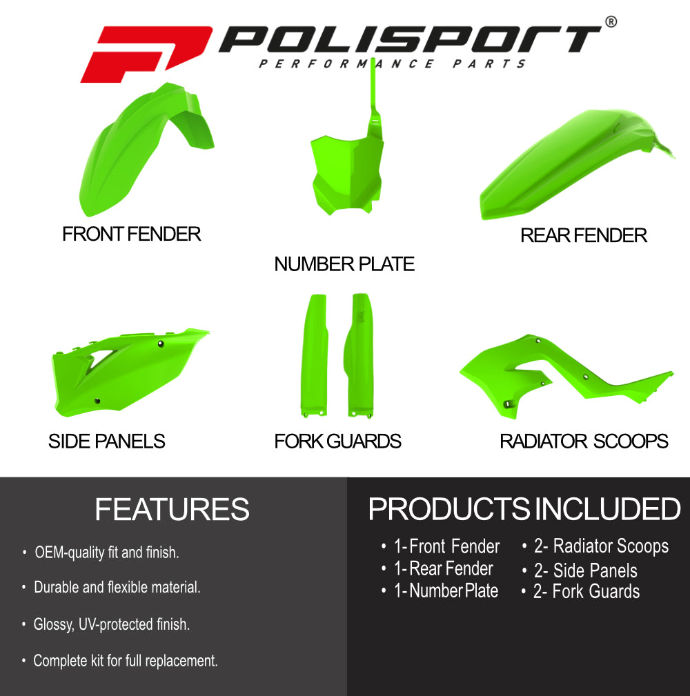 Polisport Motocross (MX) Restyling Kit for Kawasaki KX 125/250 (2003-2008) Dirt Bike – OEM Quality, Durable, Flexible & Perfect Fit – Green