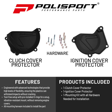 Polisport Clutch and Ignition Cover Protector Kit (Black) - Compatible with Yamaha YZ250 (2005-2024) and YZ250X (2016-2024)