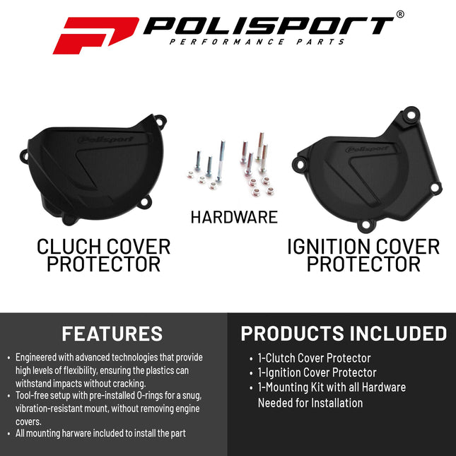 Polisport Clutch and Ignition Cover Protector Kit (Black) - Compatible with Yamaha YZ250 (2005-2024) and YZ250X (2016-2024)