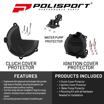 Polisport Clutch and Ignition Cover Protector Kit (Black) - Compatible with Yamaha YZ250F(14-18)