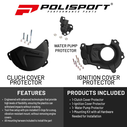 Polisport Clutch and Ignition Cover Protector Kit (Black) - Compatible With Yamaha YZ450F(2018-2024) & WR450F/YZ450FX(2019-2023)