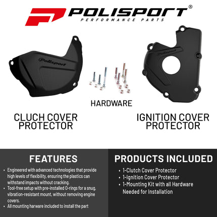 Polisport Clutch and Ignition Cover Protector Kit (Black) - Compatible with Kawasaki KX 250F (2017-2021)