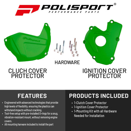 Polisport Clutch and Ignition Cover Protector Kit (Green) - Compatible with Kawasaki KX250F (2017-2025)