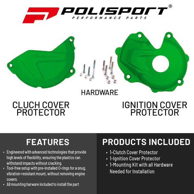 Polisport Clutch and Ignition Cover Protector Kit (Green) - Compatible with Kawasaki KX450F(16-18)