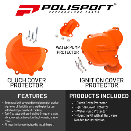 Polisport Clutch and Ignition Cover Protector Kit (Orange) - Compatible with KTM EXC/XC-W 250/300 (2017-2022)