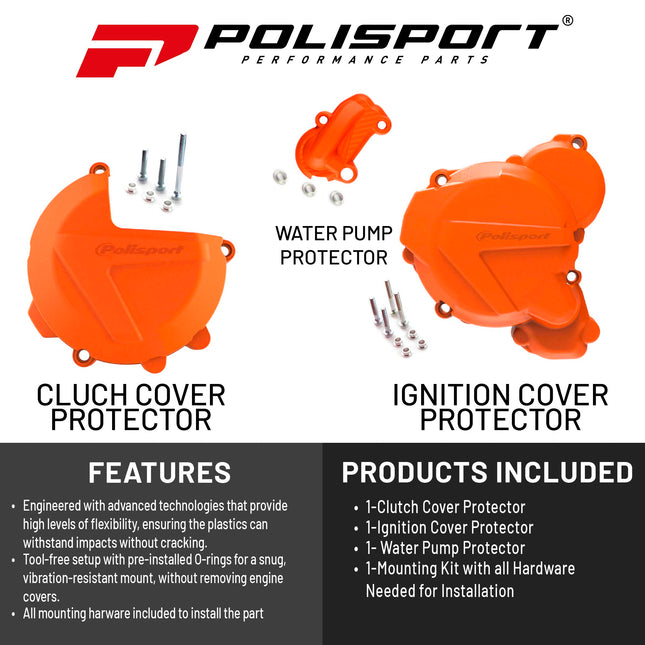 Polisport Clutch and Ignition Cover Protector Kit (Orange) - Compatible with KTM EXC/XC-W 250/300 (2017-2022)
