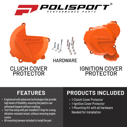 Polisport Clutch and Ignition Cover Protector Kit (Orange) - Compatible with KTM EXC/XC-W 250/300 (2017-2022)