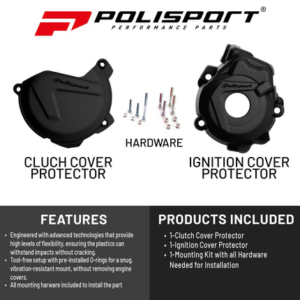 Polisport Clutch and Ignition Cover Protector Kit (Black) - Compatible with KTM XC-F/SX-F 250/300 (2009-2016) & Husqvarna FC 250/350 (2014-2015)