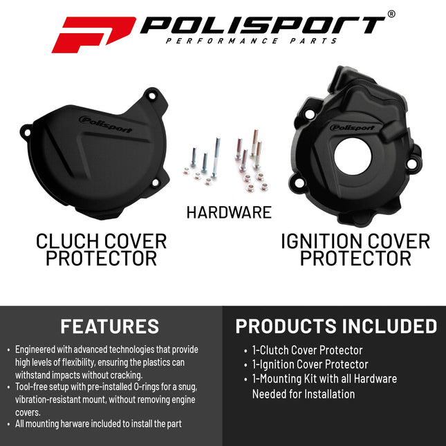 Polisport Clutch and Ignition Cover Protector Kit (Black) - Compatible with KTM XC-F/SX-F 250/300 (2009-2016) & Husqvarna FC 250/350 (2014-2015)