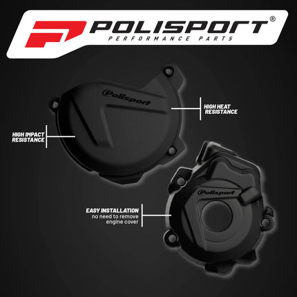 Polisport Clutch and Ignition Cover Protector Kit (Black) - Compatible with KTM XC-F/SX-F 250/300 (2009-2016) & Husqvarna FC 250/350 (2014-2015)
