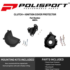 Polisport Clutch and Ignition Cover Protector Kit (Black) - Compatible with KTM XC-F/SX 250/350 2016-2022