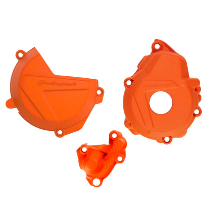 Polisport Motocross Motorcycles (MX) Engine Covers Protector Kit for KTM EXC-F/XCF-W 250/350 (2017-2023) Impact-Resistant PA6 Plastic Guards with Rubber O-Ring for Dirt Bikes - Orange