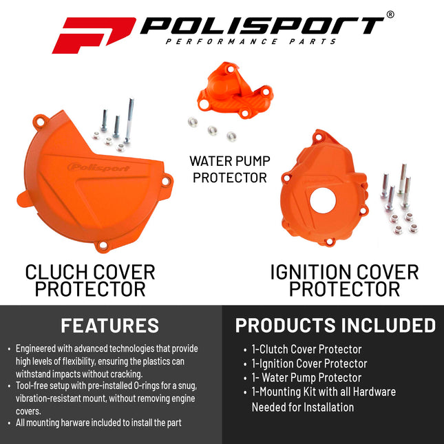 Polisport Motocross Motorcycles (MX) Engine Covers Protector Kit for KTM EXC-F/XCF-W 250/350 (2017-2023) Impact-Resistant PA6 Plastic Guards with Rubber O-Ring for Dirt Bikes - Orange