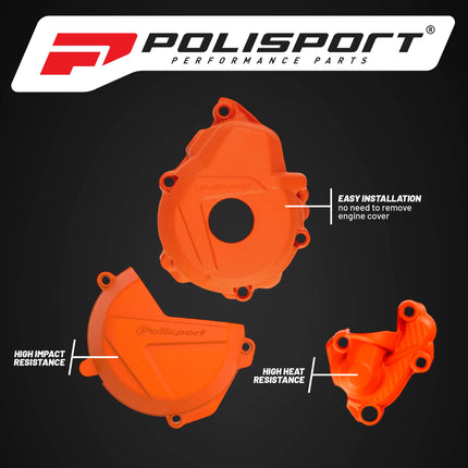 Polisport Motocross Motorcycles (MX) Engine Covers Protector Kit for KTM EXC-F/XCF-W 250/350 (2017-2023) Impact-Resistant PA6 Plastic Guards with Rubber O-Ring for Dirt Bikes - Orange