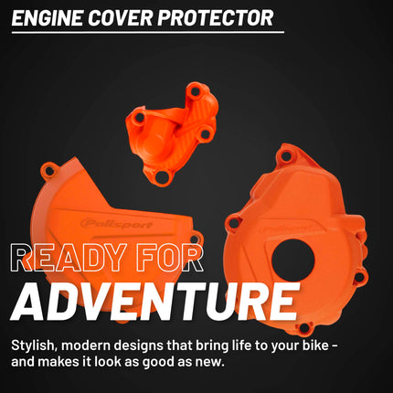 Polisport Motocross Motorcycles (MX) Engine Covers Protector Kit for KTM EXC-F/XCF-W 250/350 (2017-2023) Impact-Resistant PA6 Plastic Guards with Rubber O-Ring for Dirt Bikes - Orange