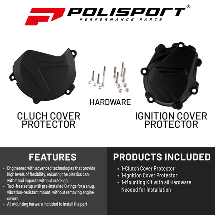 Polisport Clutch and Ignition Cover Protector Kit (Black) - Compatible with KTM  XC-F/SX-F 450 (2016-2022) & Husqvarna FC450 (2016-2018)