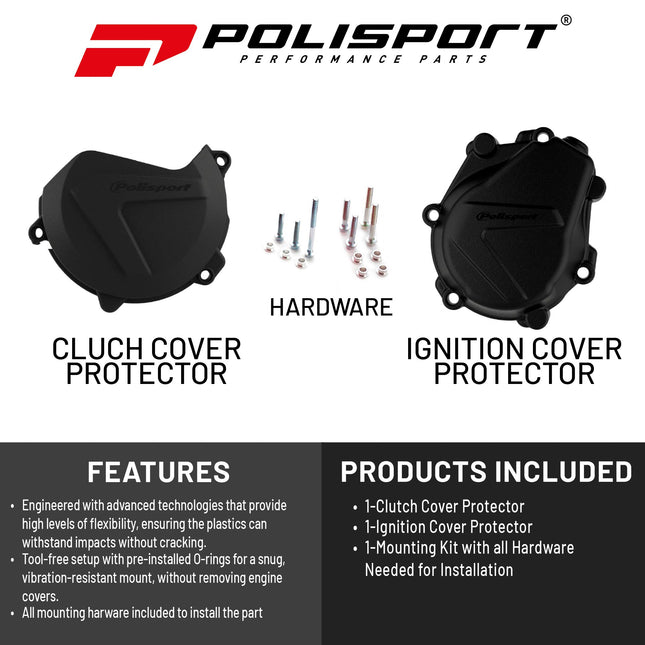 Polisport Clutch and Ignition Cover Protector Kit (Black) - Compatible with KTM  XC-F/SX-F 450 (2016-2022) & Husqvarna FC450 (2016-2018)
