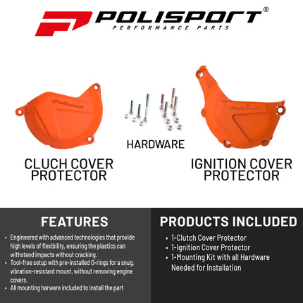 Polisport Motocross Motorcycles (MX) Engine Covers Protector Kit for KTM EXC/XCW 450/500 (2013-2016) & Husqvarna FE 450/501 (2014-2016)Dirt Bikes - High-Strength PA6 Protection - Orange