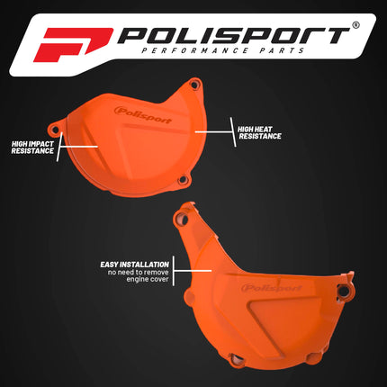 Polisport Motocross Motorcycles (MX) Engine Covers Protector Kit for KTM EXC/XCW 450/500 (2013-2016) & Husqvarna FE 450/501 (2014-2016)Dirt Bikes - High-Strength PA6 Protection - Orange