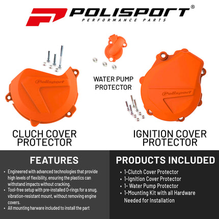 Polisport Clutch and Ignition Cover Protector Kit (Orange)- Compatible with KTM EXC-F/XCF-W 450/500(2017-2022)