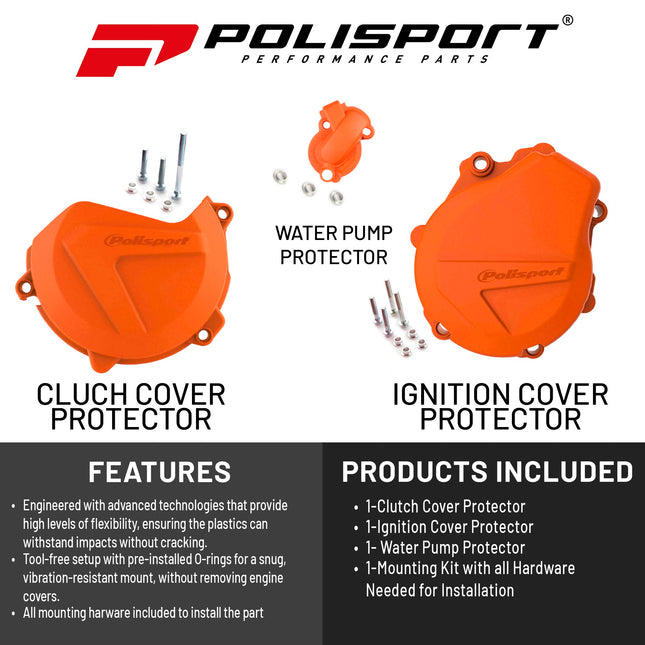 Polisport Clutch and Ignition Cover Protector Kit (Orange)- Compatible with KTM EXC-F/XCF-W 450/500(2017-2022)