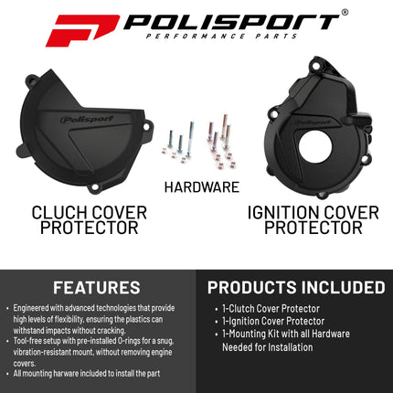 Polisport Clutch and Ignition Cover Protector Kit (Black) - Compatible with Husquvarna FE250/350(2018)