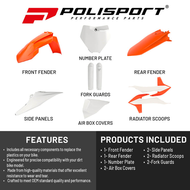 Polisport Motocross (MX) Replica Plastic Kit for KTM XC/XC-F-W (2019–2022) Dirt Bike – OEM Quality, Durable, Flexible & Perfect Fit – White/Orange