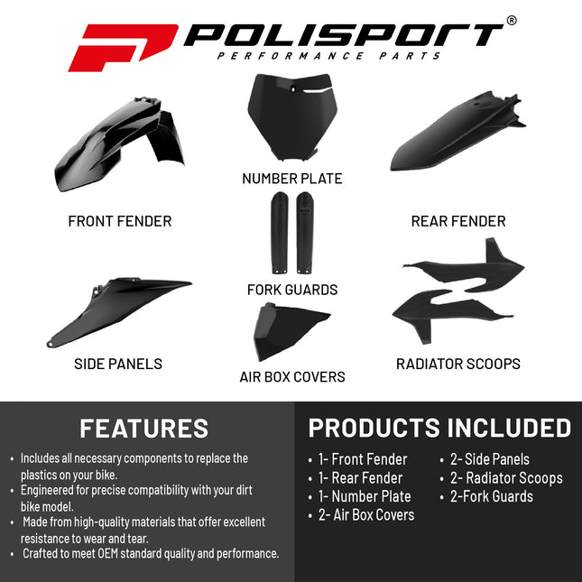 Polisport Motocross (MX) Replica Plastic Kit for KTM XC & XC-F (2019–2022) Dirt Bike – OEM Quality, Durable, Flexible & Perfect Fit – Black