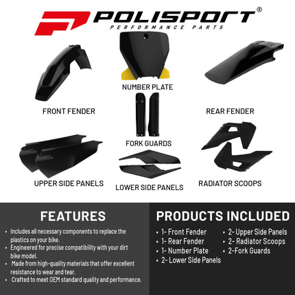 Polisport Motocross (MX) Replica Plastic Kit for HUSQVARNA TC & FC (2019 - 2020) Dirt Bike – OEM Quality, Durable, Flexible & Perfect Fit – Black