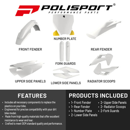 Polisport Motocross (MX) Replica Plastic Kit for Husqvarna FC250-450, FX350-450, TC50-125, TX300 (2019-2022) Dirt Bike – OEM Quality, Durable, Flexible & Perfect Fit – White