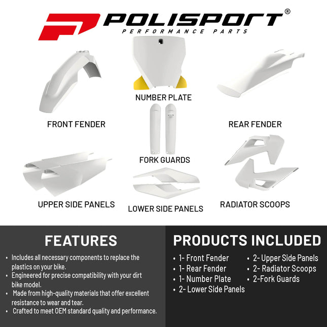 Polisport Motocross (MX) Replica Plastic Kit for Husqvarna FC250-450, FX350-450, TC50-125, TX300 (2019-2022) Dirt Bike – OEM Quality, Durable, Flexible & Perfect Fit – White