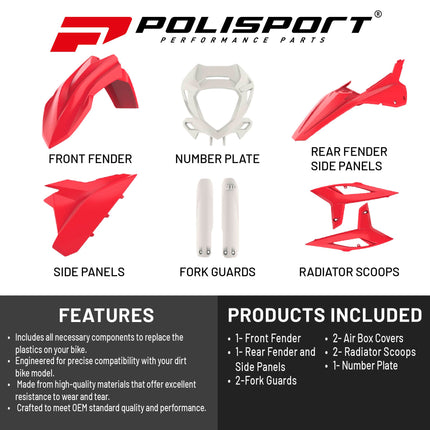 Polisport Motocross (MX) Replica Plastic Kit for BETA RR 2T & 4T (2020–2022) Dirt Bike – OEM Quality, Durable, Flexible & Perfect Fit – Red/White