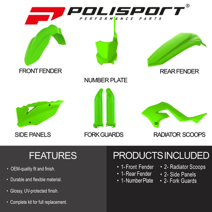 Polisport Motocross (MX) Restyling Kit for Kawasaki KX 450F (2019-23) Dirt Bike – OEM Quality, Durable, Flexible & Perfect Fit – Green