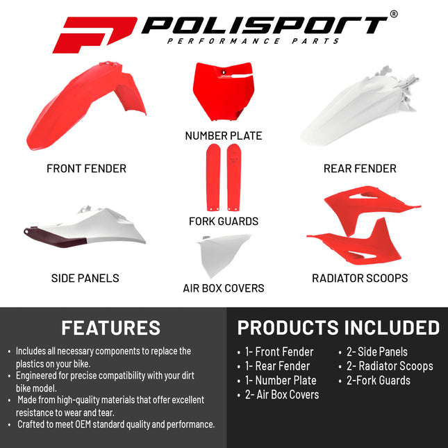 Polisport Motocross (MX) Replica Plastic Kit for GASGAS EC/EC-F (2021–2023) Dirt Bike – OEM Quality, Durable, Flexible & Perfect Fit – Red/White/Black