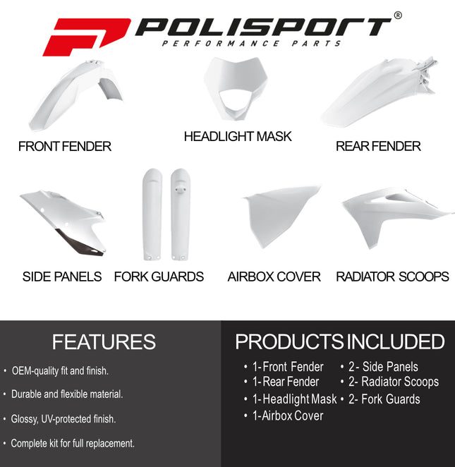 Polisport Motocross (MX) Replica Plastic Enduro Kit for GASGAS EC & EC-F (2021–2023) Dirt Bike – OEM Quality, Durable, Flexible & Perfect Fit – White