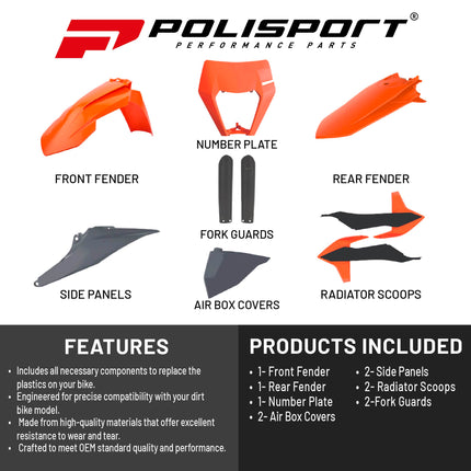 Polisport Motocross (MX) Replica Plastic Kit for KTM EXC/EXC-F & XC-W/XCF-W (2020–2023) Dirt Bike – OEM Quality, Durable, Flexible & Perfect Fit – Black/Orange