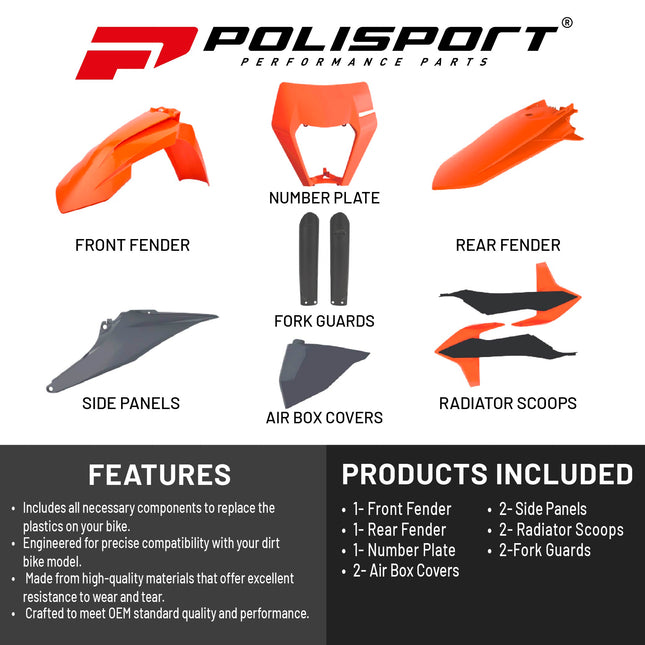 Polisport Motocross (MX) Replica Plastic Kit for KTM EXC/EXC-F & XC-W/XCF-W (2020–2023) Dirt Bike – OEM Quality, Durable, Flexible & Perfect Fit – Black/Orange
