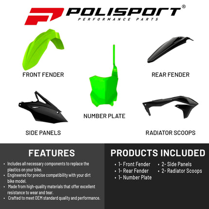 Polisport Motocross (MX) Replica Plastic Kit for Kawasaki KXF450 (2017–2018) Dirt Bike – OEM Quality, Durable, Flexible & Perfect Fit – FLO Yellow/Black