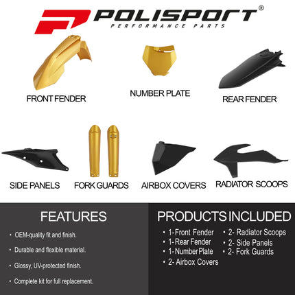 Polisport Motocross (MX) Restyling Kit for KTM SX/SX-F/XC/XC-F (2019-22) Dirt Bike – OEM Quality, Durable, Flexible & Perfect Fit – Black/Gold