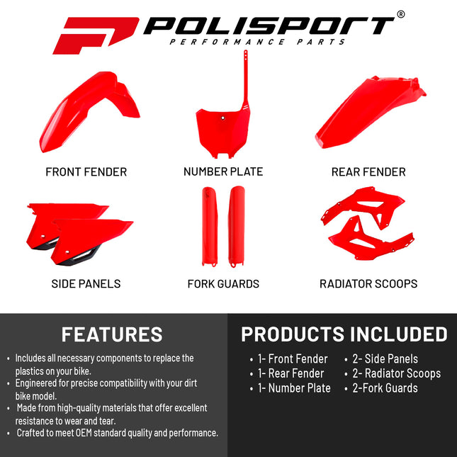 Polisport Motocross (MX) Replica Plastic Kit for Honda CRF450R (2021-2024) Dirt Bike – OEM Quality, Durable, Flexible & Perfect Fit – Red/Black