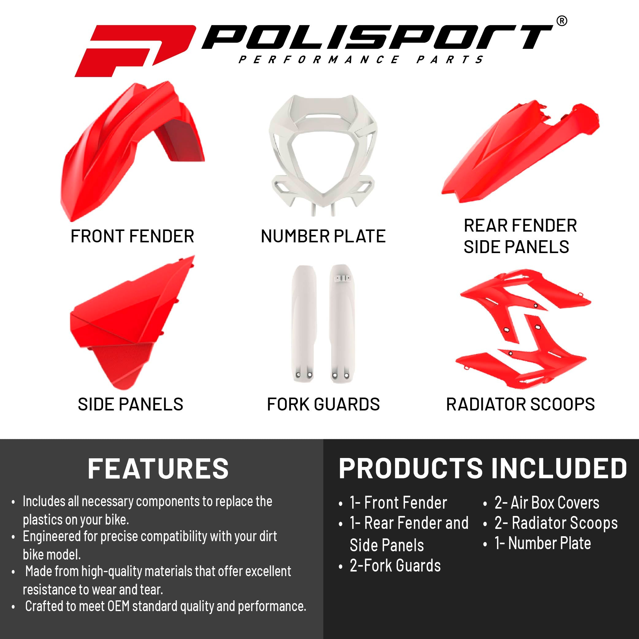 Polisport Motocross (MX) Replica Plastic Kit for BETA X-Trainer (2020–2022) Dirt Bike – OEM Quality, Durable, Flexible & Perfect Fit – Red/White
