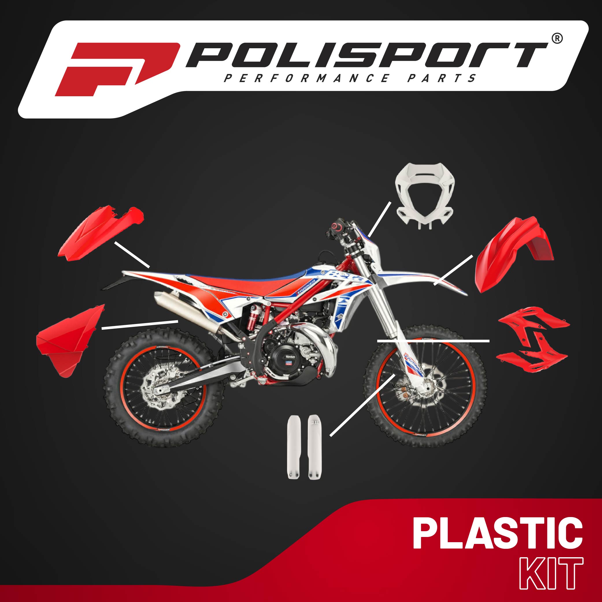 Polisport Motocross (MX) Replica Plastic Kit for BETA X-Trainer (2020–2022) Dirt Bike – OEM Quality, Durable, Flexible & Perfect Fit – Red/White