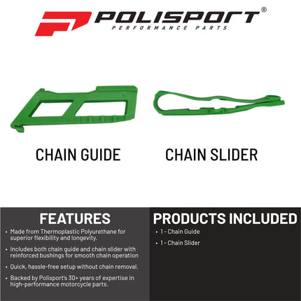 Polisport Motocross Motorcycles (MX) Chain Guide & Chain Slider for Kawasaki KX250F (2021-25) and KX450F (2019-25) Dirt Bikes - OEM Quality TPU Chain Guide & Slider, Durable, Easy to Install, Green