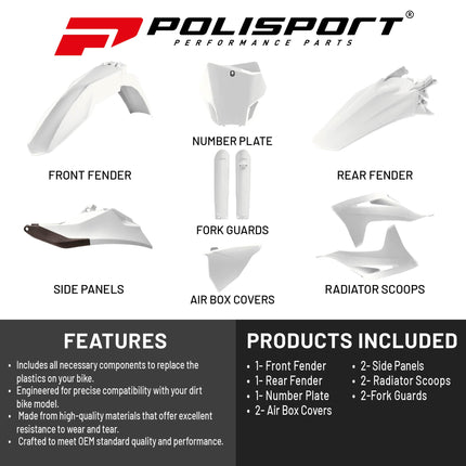 Polisport Motocross (MX) Replica Plastic Kit for GASGAS MC/EX/EX-F 125-450 (2021–2022) Dirt Bike – OEM Quality, Durable, Flexible & Perfect Fit – White