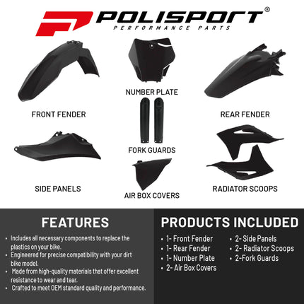 Polisport Motocross (MX) Replica Plastic Kit for GASGAS EX/EX-F (2022–2023) Dirt Bike – OEM Quality, Durable, Flexible & Perfect Fit – Black