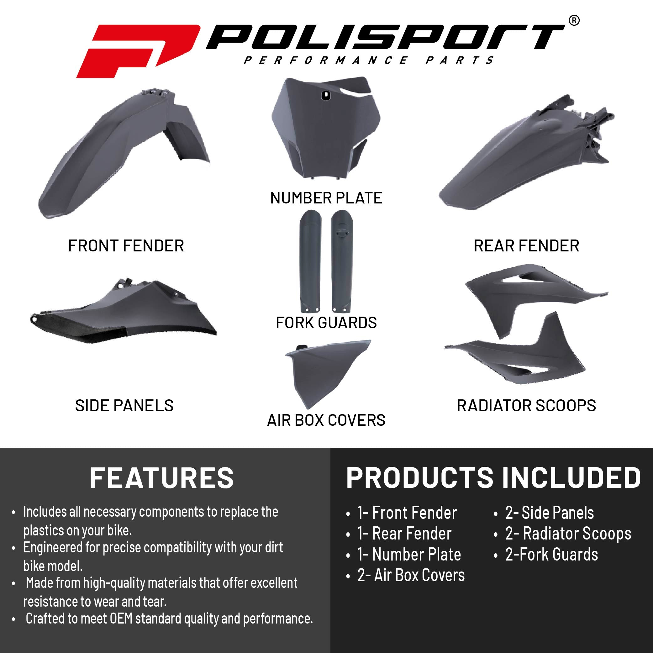 Polisport Motocross (MX) Replica Plastic Kit for GASGAS EC/EC-F 250 &EC/EC-F 300 (2021–2022) Dirt Bike – OEM Quality, Durable, Flexible & Perfect Fit – Nardo Grey
