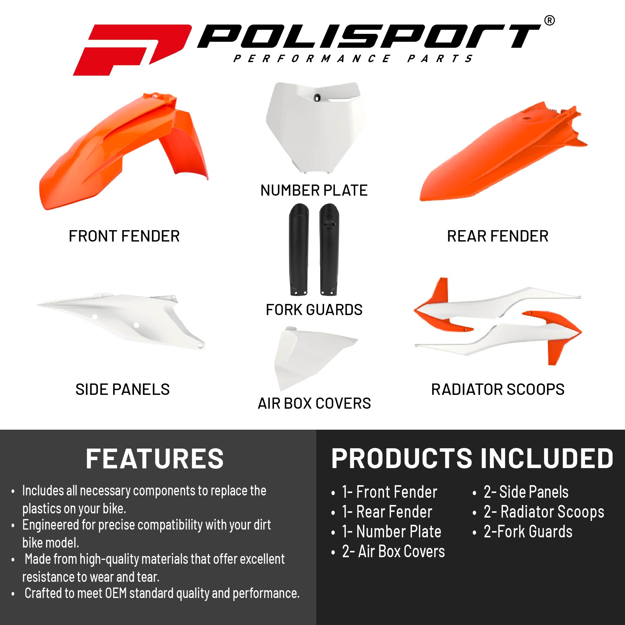 Polisport Motocross (MX) Replica Plastic Kit for KTM XC/XC-F (2019-22) Dirt Bike – OEM Quality, Durable, Flexible & Perfect Fit – Orange/White/Black