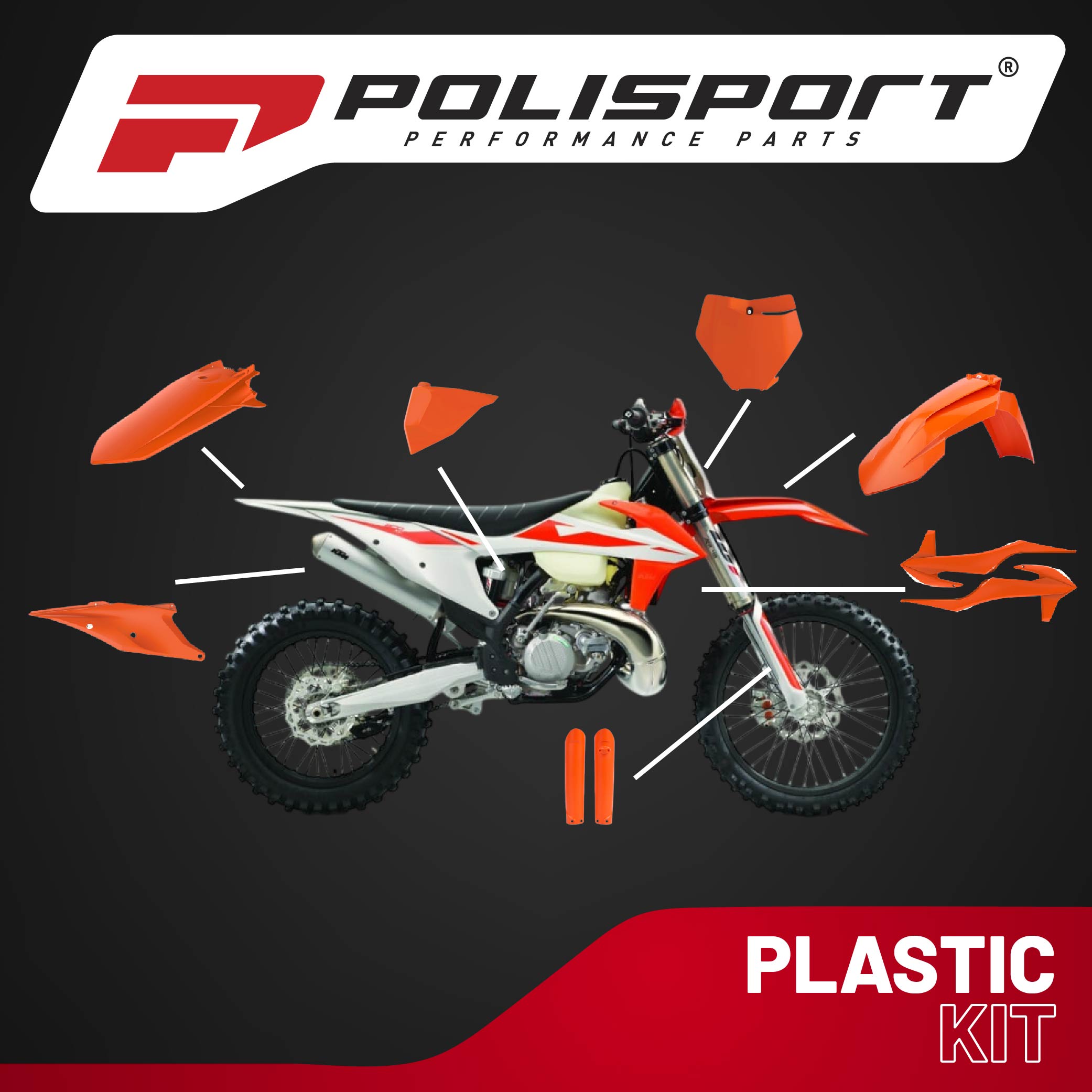 Polisport Motocross (MX) Replica Plastic Kit for KTM XC/XC-F (2019–2022) Dirt Bike – OEM Quality, Durable, Flexible & Perfect Fit – Orange