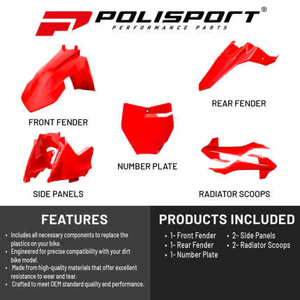 Polisport Motocross (MX) Replica Plastic Kit for GasGas MC 65 (2021-24) Dirt Bike – OEM Quality, Durable, Flexible & Perfect Fit – Red