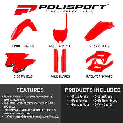 Polisport Motocross (MX) Replica Plastic Kit for Honda CRF 250RX (2022-24) Dirt Bike – OEM Quality, Durable, Flexible & Perfect Fit – Red